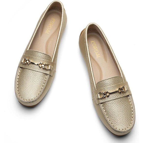 Kordal Women's Gold Leather Gold Accent Buckle Slip-Ons Walking Flats Loafers - Picture 9 of 9